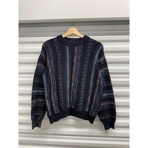Mens Vintage 3D Knit Sweater Navy Blue Striped Crewneck